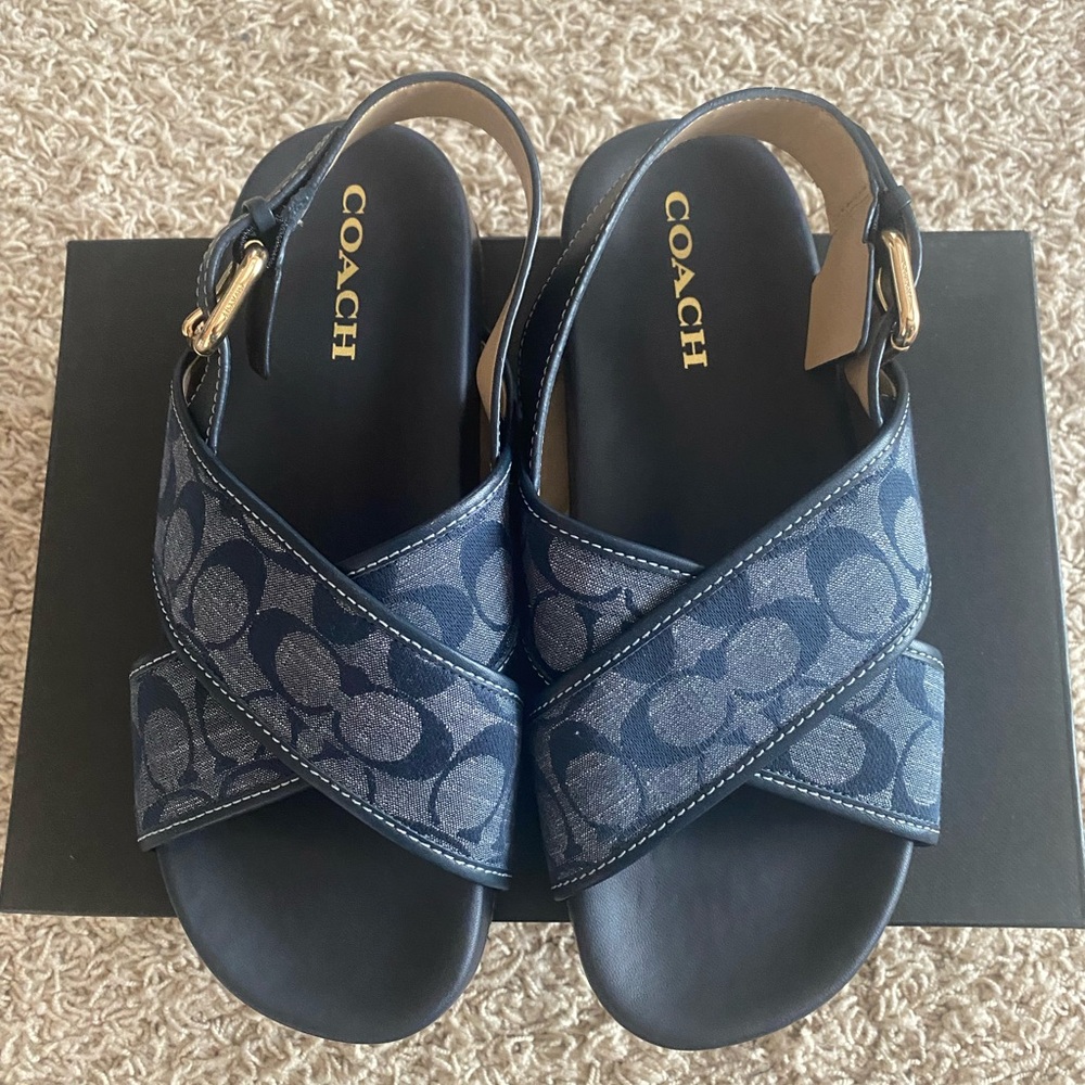 Coach Navy Blue Adora Chambray Signature Sandals